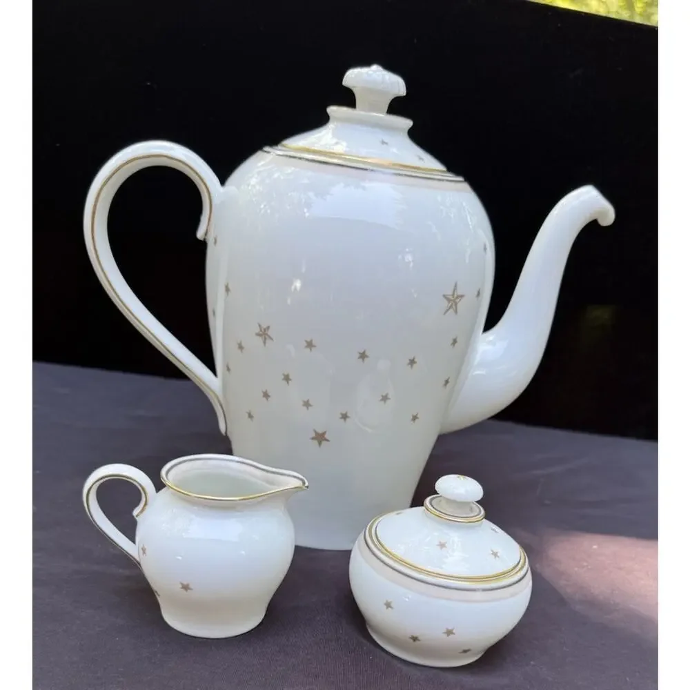 Rare Vintage Bing & Grondahl Milky Way Gold Star Pattern Tea Pot Cream & Sugar